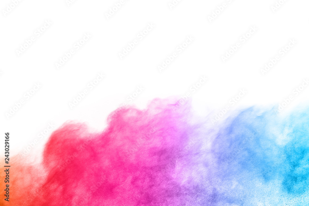 abstract powder splatted background. Colorful powder explosion on white background. Colored cloud. Colorful dust explode. Paint Holi.