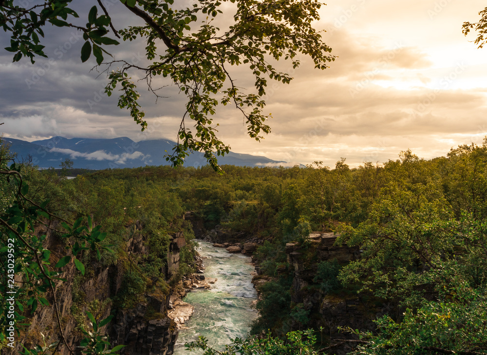 Abisko river in the canyon close to Abisko Fjällstation in northern Sweden at the start of Kungsleden during sunrise in summer. 