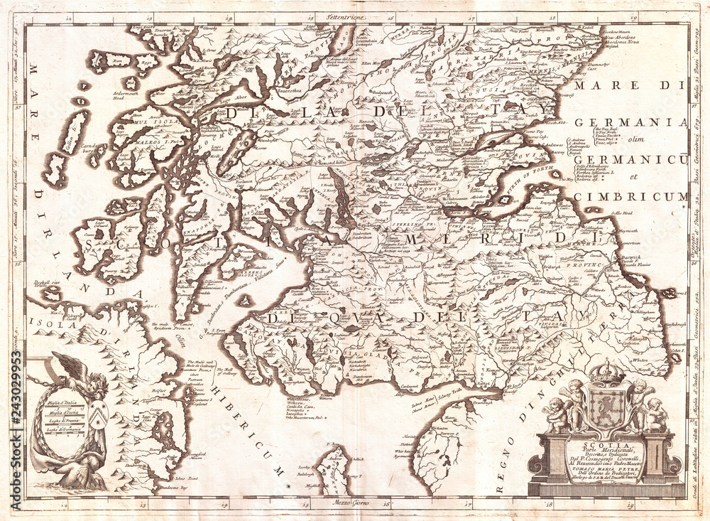 1690, Coronelli Map of Southern Scotland, Edinburg and Glasgow