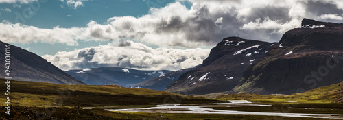 Panorama of mountains in a valley with a river flowing during the hike of Kungsleden (Kings path) in northern Sweden.  photo