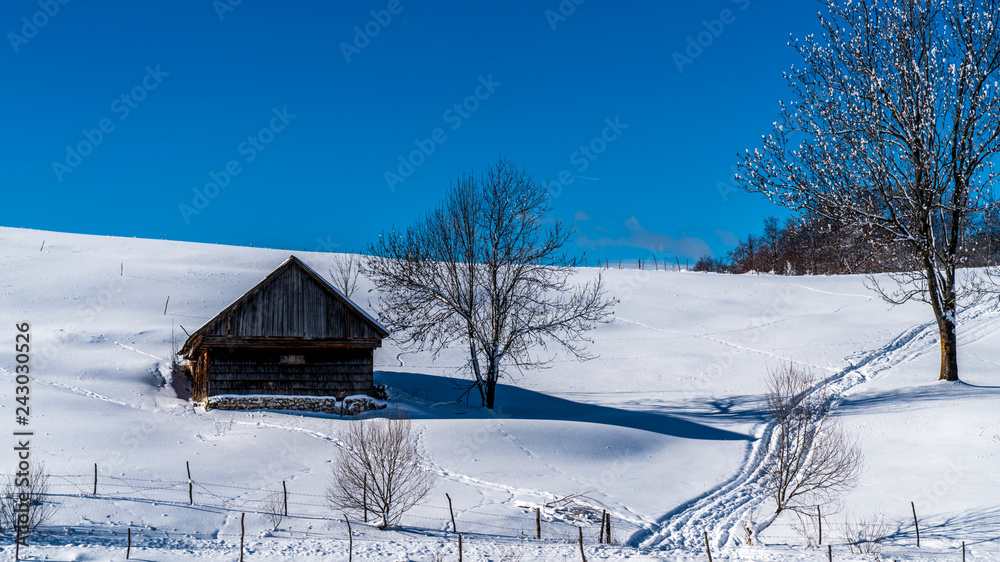 Mountain lodge in the picturesque Romania`s country side on a cold winter morning. Pristine clear ski  and snowy mountain peaks in the background. Piatra Craiului National Park.