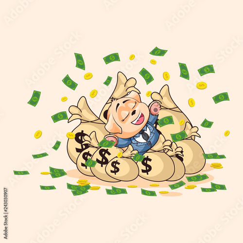 dog cub in business suit lies on bags money