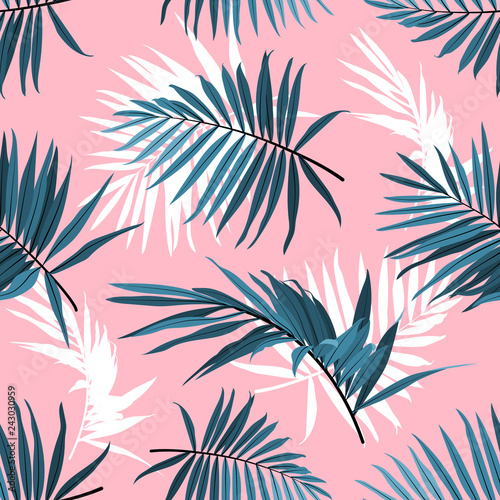 Photography Tropical leaves seamless pattern, Green palm fronds on a pink background
