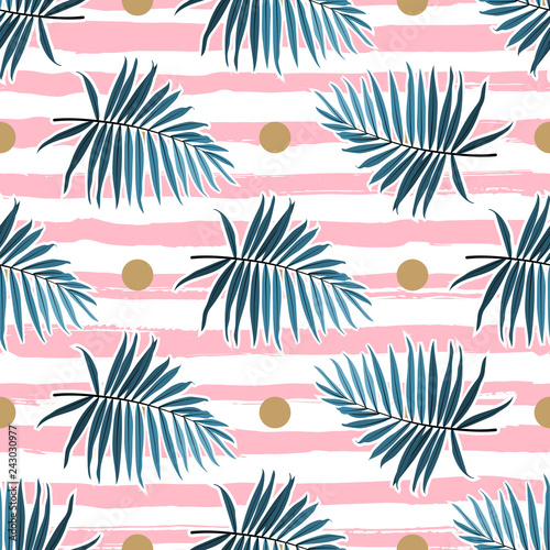 Tropical leaves seamless pattern, Green palm fronds on a pink striped background. Summer tropical backdrop, Vector illustration