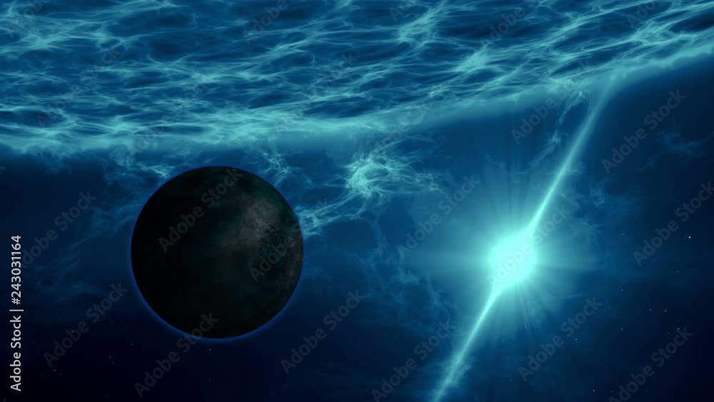 Rocky exoplanet orbiting in distant quasar system. Planet over blue ...