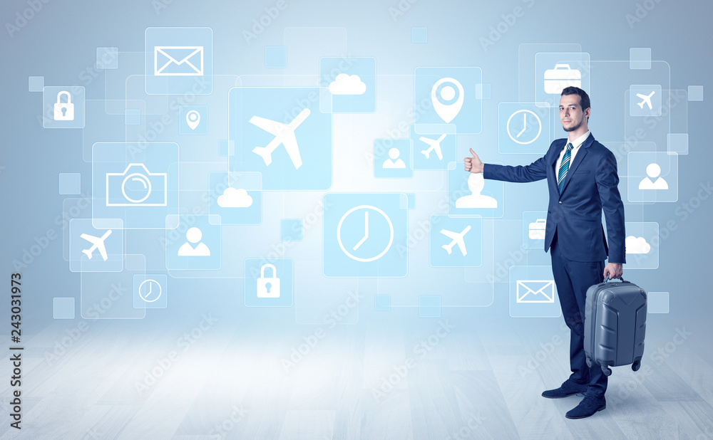 Businessman departs to a business trip with social media and travel symbol concept
Businessman departs to a business trip with social media and travel symbol concept