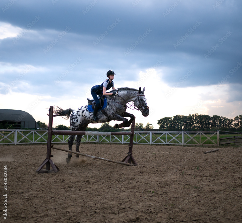 Beautiful girl jockey riding a horse