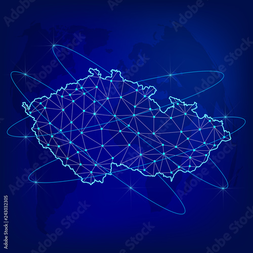 Global logistics network concept. Communications network map  Czech on the world background. Map of  Czech with nodes in polygonal style. Vector illustration EPS10. 