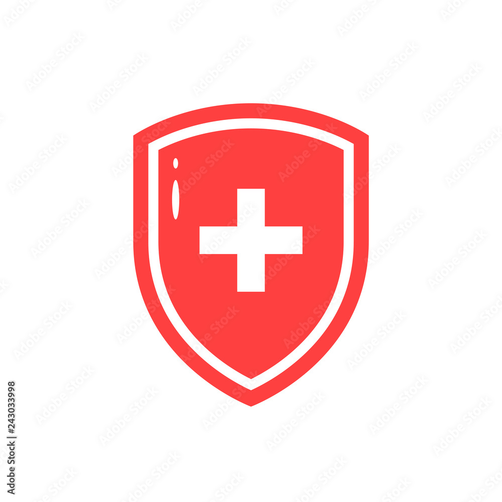 Red icon of medical shield in flat style Red icon of medical shield in flat style