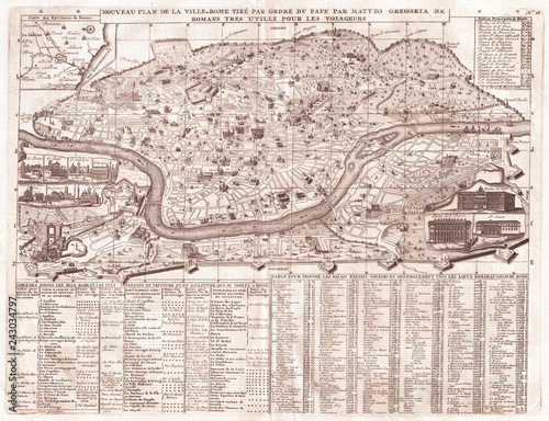 Old Map of Rome, Italy, 1721, Chatelain Plan