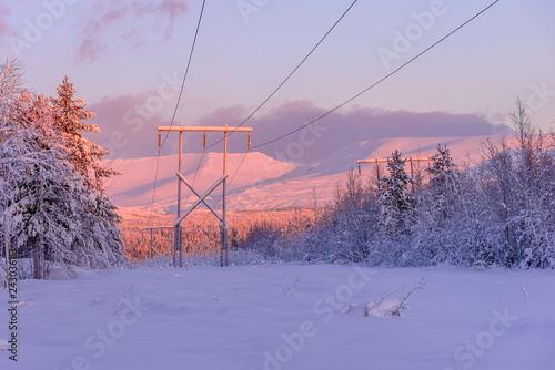 Winter landscape at sunrise. Apatity, Kola Peninsula, North of Russia. photo