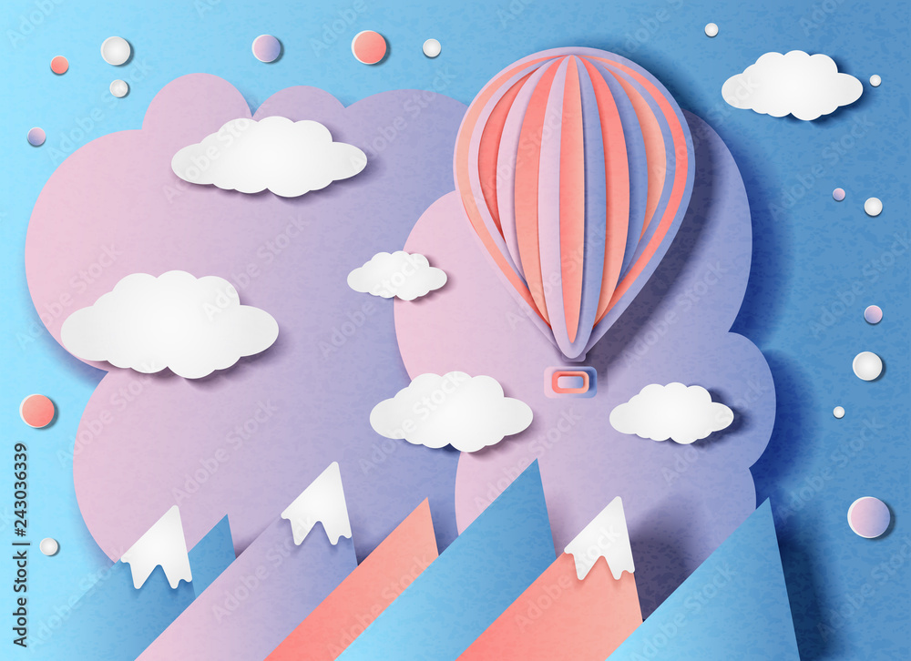 Vector illustration of a balloon flying over the mountains in minimal style. Paper cut Vector illustration of a balloon flying over the mountains in minimal style. Paper cut