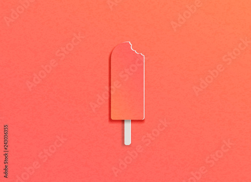 Vector illustration of ice cream with bite marks on the trendy background of the color of live coral in the style of cut paper