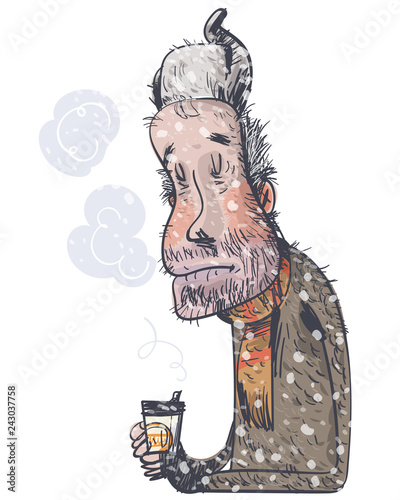 Tramp drinking coffee. Vector illustration
