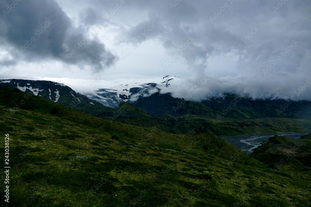 View into valley of Basar and Porsmörk on a cloudy day, Iceland