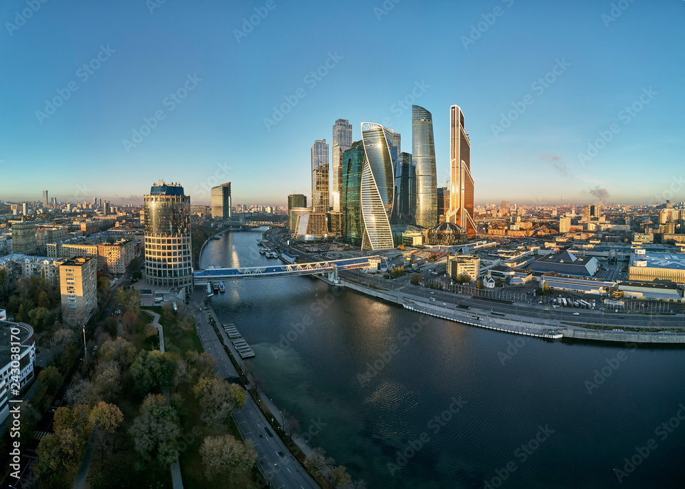 Moscow International Business Center and Moscow urban skyline after sunset. Panorama. Aerial view