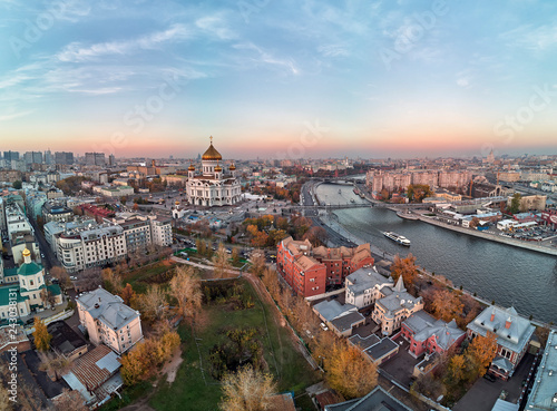 Sunset view of Moscow Cathedral of Christ the Savior in Moscow, Russia. Moscow river and patriarchal bridge. Aerial view