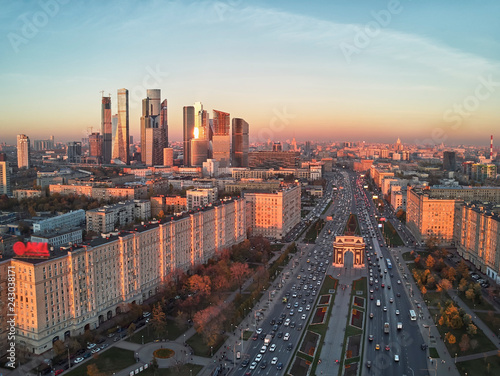 Moscow International Business Center and Moscow urban skyline after sunset. Panorama. Aerial view