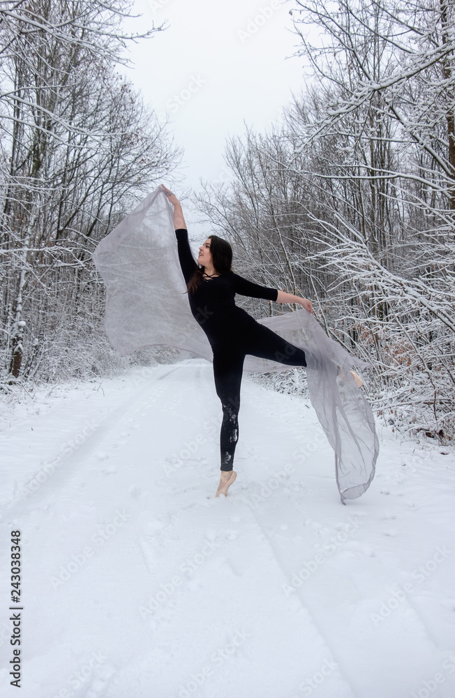 Junge schöne Frau Mädchen Ballett präsentiert sich thatralisch im schwarzem  Ballett Anzug im verschneiten Winter Wald und tanzt auf Zehen Spitze  Stock-Foto | Adobe Stock