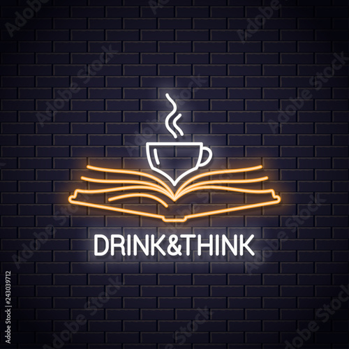 Coffee cup with book neon concept. Drink read book