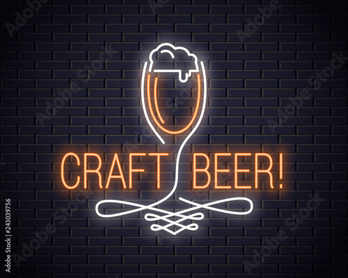 Beer glass neon sign. Craft beer neon logo on wall