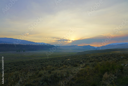 Colorful sunset sky over Yellowstone National Park in Wyoming