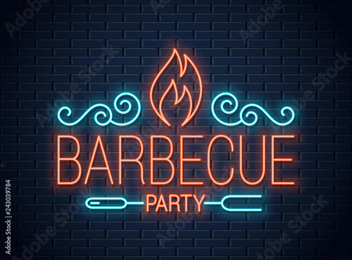 Barbecue party neon sign. BBQ neon logo on wall