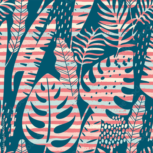 Seamless exotic pattern with tropical plants and stripes background.