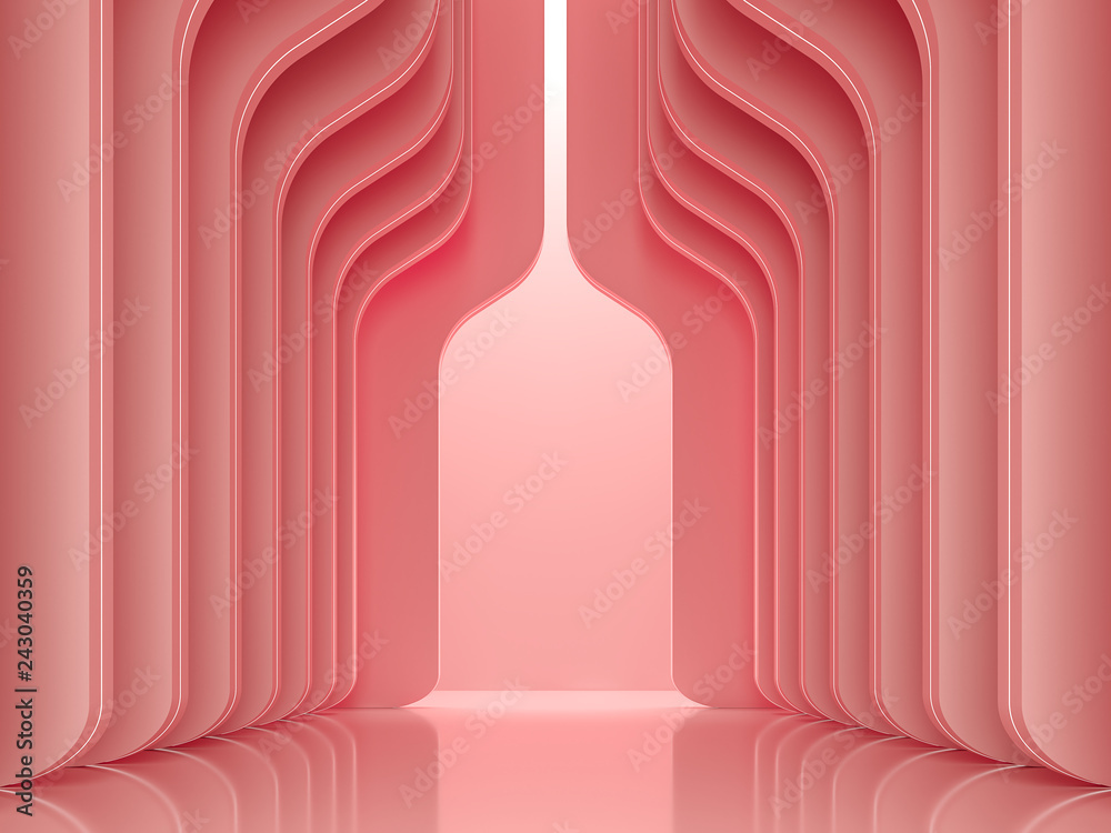 Modern luxury space interior concept 3d render ,There are smooth shape wall pattern with coral pink decorate with led stripe light. - obrazy, fototapety, plakaty 