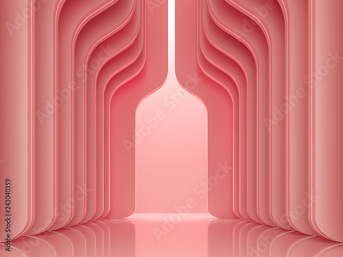 Fototapeta Naklejka Na Ścianę i Meble -  Modern luxury space interior concept 3d render ,There are smooth shape wall pattern with coral pink decorate with led stripe light.