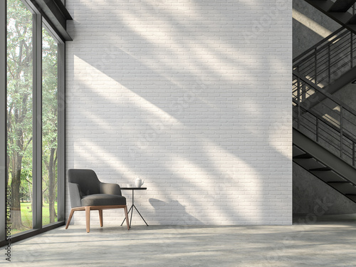 Fototapeta Naklejka Na Ścianę i Meble -  Loft style stair hall 3d render,There are white brick wall,polished concrete floor and black steel structure stair,There are large windows look out to see the nature,sunlight shining into the room.