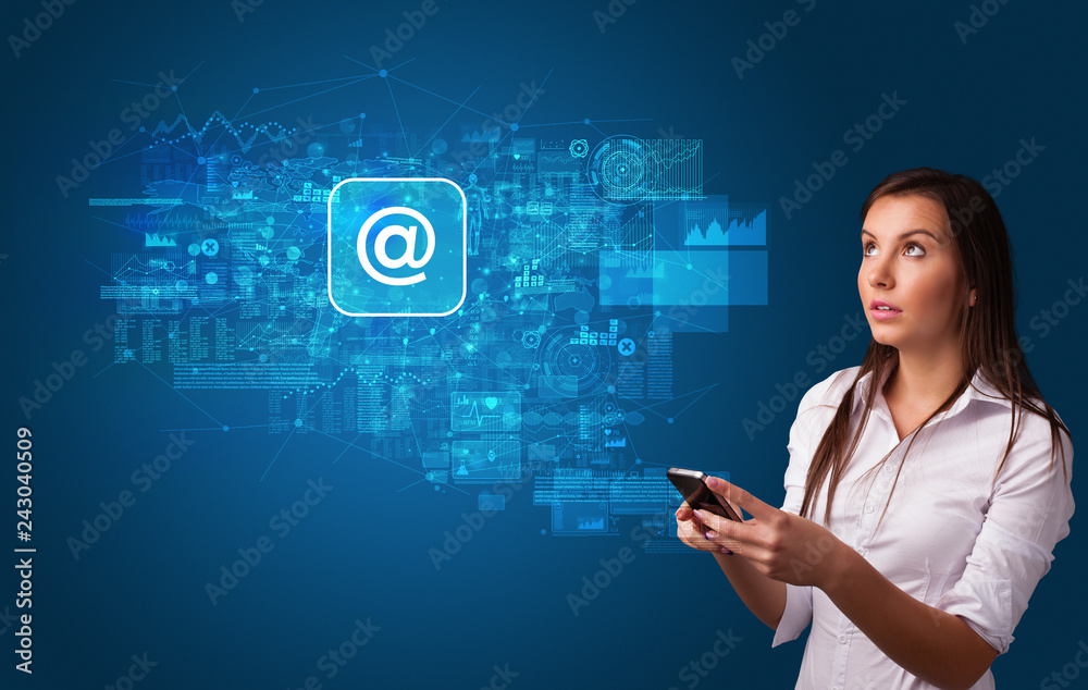Young person using phone with mail and online communication concept
Young person using phone with mail and online communication concept