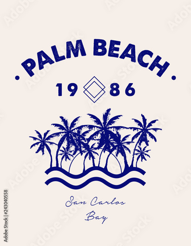Tropical summer print with palm trees and text in vector.