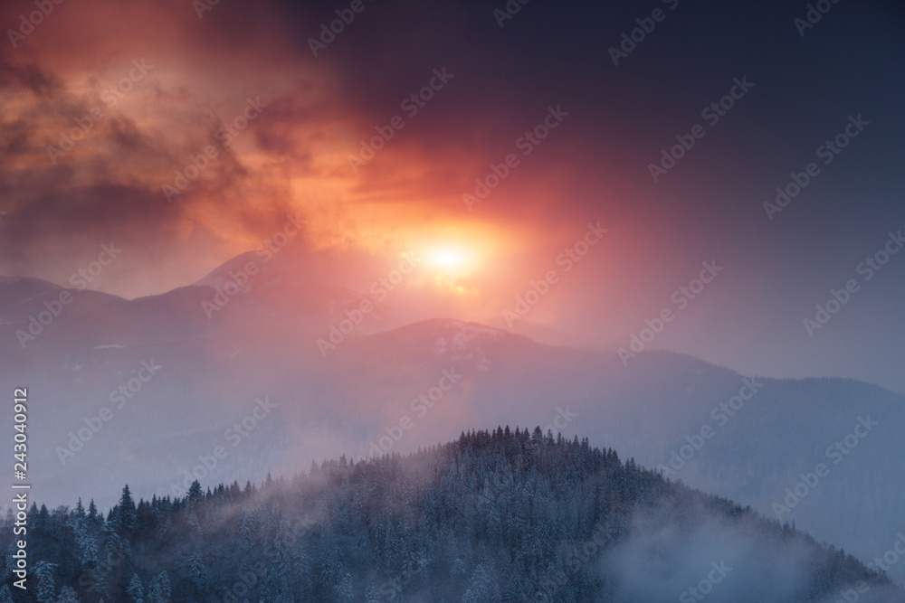 Fototapeta Dramatyczny zima krajobraz w górach przy zmierzchem. Fantastyczna zimowa scena. Kolorowe niebo jarzące się światłem słonecznym. Park Narodowy Karpacki. Ukraina. Europa.