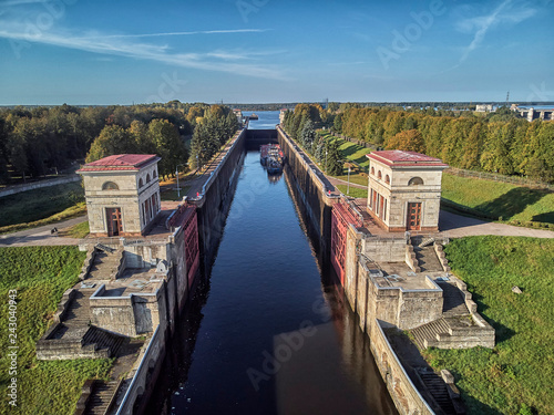 Sluice on the chanel Moscow-Volga, aerial view, dubna, dvitrov
