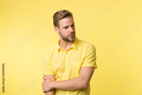 Facial care. Male fashion. caucasian guy with moustache. Mature hipster with beard. Bearded man. Glamour fashion model. man on yellow background. Confident in his style