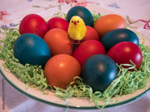 easter eggs in basket with little chick