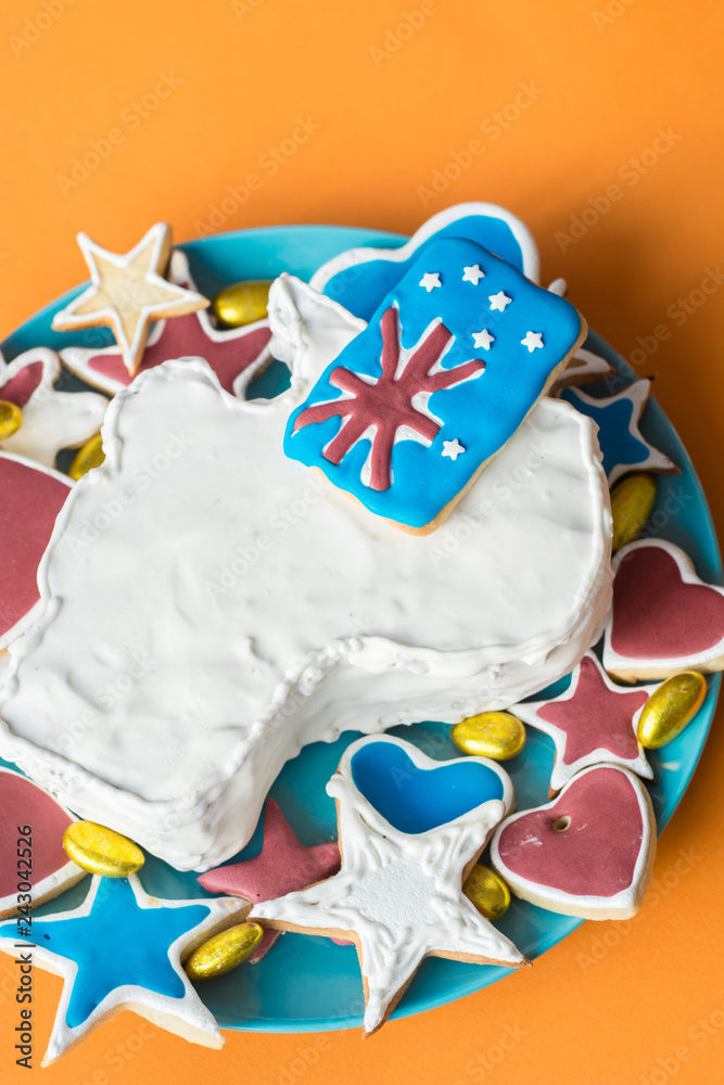 vanilla cream cake in a shape of the Australia - Happy Australia Day message greeting card