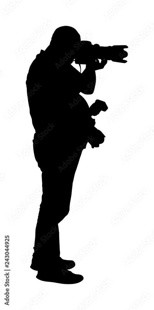 Photographer with camera vector silhouette. Paparazzi shooting on the event. Photo reporter on duty. Sport photography. Journalist man works for breaking news. Wedding fashion photographer focusing.