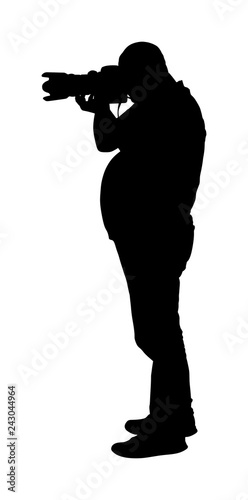 Professional photographer with camera vector silhouette. Paparazzi shooting on the event. Photo reporter on duty. Sport photography. Journalist work for breaking news. Wedding fashion photographer.