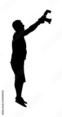 Photographer with camera vector silhouette. Paparazzi shooting on the event. Photo reporter on duty. Sport photography. Journalist man works for breaking news. Wedding fashion photographer focusing.