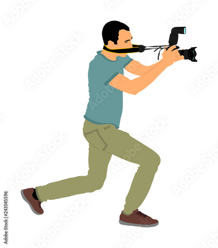 Photographer with camera vector illustration. Paparazzi shooting on the event. Photo reporter on duty. Sport photography. Journalist man works for breaking news. Wedding fashion photographer focusing.