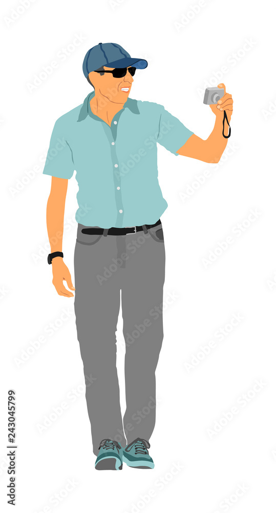 Senior tourist photographer with camera vector illustration. Journalist work for breaking news. Mature man traveler capture interesting view. Secret agent on duty. Passenger on vocation take photos.