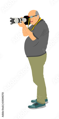 Photographer with camera vector illustration. Paparazzi shooting on the event. Photo reporter on duty. Sport photography. Journalist man works for breaking news. Wedding fashion photographer focusing.