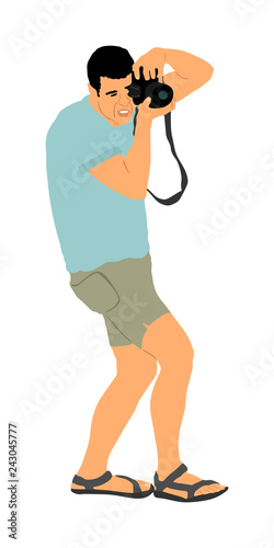 Photographer with camera vector illustration. Paparazzi shooting on the event. Photo reporter on duty. Sport photography. Journalist man works for breaking news. Wedding fashion photographer focusing.