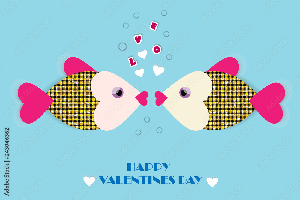 Kissing fish.Vector greeting card with paper cut fish and hearts