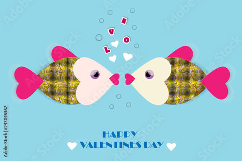 Kissing fish.Vector greeting card with paper cut fish and hearts. Romantic background for Valentine's Day and wedding invitations. photo