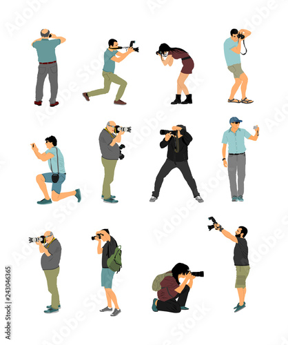 Crowd of photographer with camera vector illustration. Paparazzi shooting movie star event. Photo reporter on duty. Sport photography. Journalist work for breaking news. Wedding fashion photographer. 