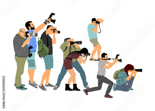 Crowd of photographer with camera vector illustration. Paparazzi shooting movie star event. Photo reporter on duty. Sport photography. Journalist work for breaking news. Wedding fashion photographer. 