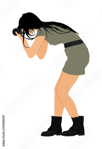 Photographer lady with camera vector illustration. Paparazzi shooting on event. Photo reporter on duty. Sport photography. Journalist woman work breaking news. Wedding fashion photographer focusing.